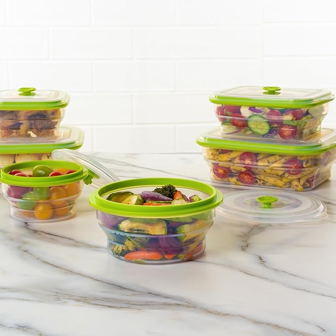 Restaurantware-Fresh Hero 30.6 Ounce Storage Containers, 20 Durable Airtight Food Containers - Microwavable, Freezable, Green Silicone Collapsible Container, Dishwashable, With Vented Lids