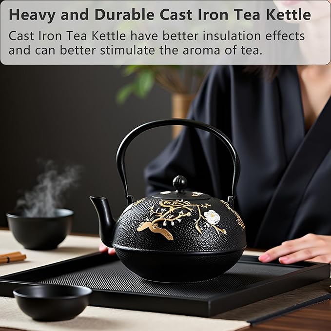 YJX 60.9oz Large Cast Iron Teapot for Stovetop, Japanese Tetsubin, Heavy and Durable Tea Pot, Tea Kettle with Stainless Steel Infuser for Loose Tea, Floral Pattern(1800ML)