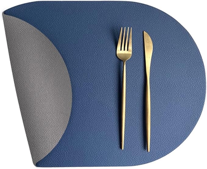 Set of 1/4 Double-Sided Color Oval Placemats Faux Leather PU Dining Table Mats Pads Waterproof Indoor Outdoor Decor(DS Blue Grey,44x30cm 1pcs)
