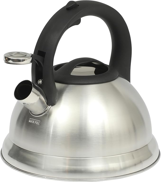 Mr. Coffee Hartbay 2.4 Quart Whistling Tea Kettle, Large Stainless Steel Stovetop Kettle, Durable Fast-Boil Tea Pot