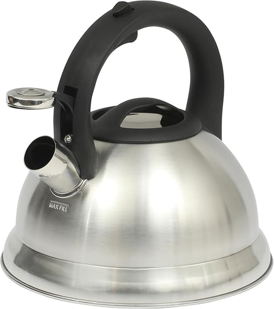 Mr. Coffee Hartbay 2.4 Quart Whistling Tea Kettle, Large Stainless Steel Stovetop Kettle, Durable Fast-Boil Tea Pot