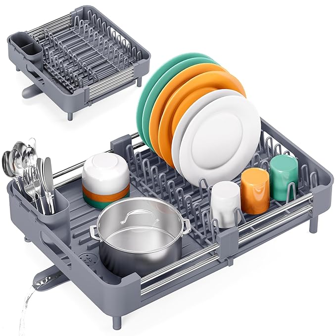TOOLF Dish Drying Rack with Drainboard, Extendable Dish Rack for Kitchen Counter, Expandable Dish Drainer, Dish Strainer, Foldable Home Countertop Plate Storage Rack with Cutlery Holder, Gray