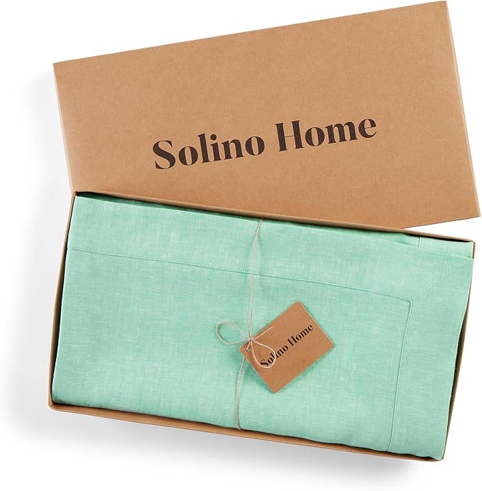 Solino Home Linen Tablecloth 60 x 120 Inch - 100% Pure Linen Chambray Aqua Table Cloth for Rectangle Tables - Athena, Machine Washable Tablecloth for Winter, Spring, Easter