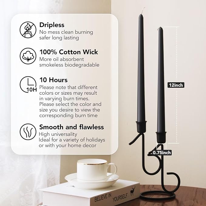 12-Inch Tall Dripless Taper Candles Set of 4 - Black Tapered Candles, Perfect for Halloween - Smokeless, Unscented, Long Burning - Hand Poured, Colored Tall Candlesticks - negras