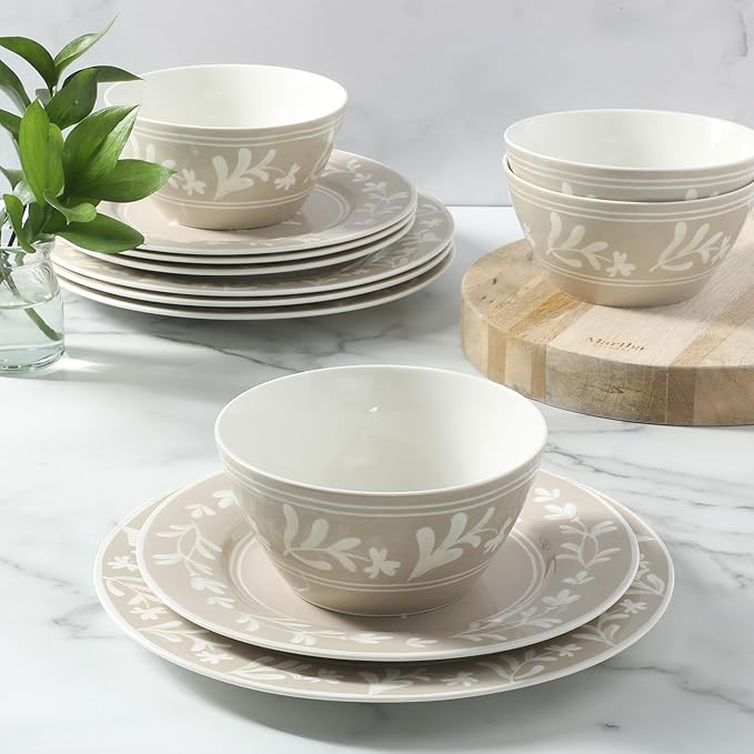 Martha Stewart Maiden Crown 12-Piece Taupe Dinnerware Set – New Bone China Ceramic Plates & Bowls – Floral Design – Service for 4 – Dishwasher & Microwave Safe