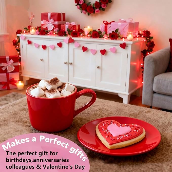 Porcelain 8oz Cappuccino Cup with Saucer - Ceramic Coffee Mug Perfect For Latte&Tea - Microwave and Dishwasher Safe -Tea Cup Sets for Afternoon Party,Christmas Gift,Red