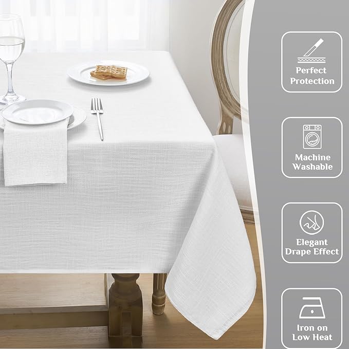 Softalker Linen Textured Rectangle Tablecloth, Waterproof Wipeable Farmhouse Burlap Table Cloth, Stain Resistant Wrinkle Free Table Covers for Kitchen Dining Holiday Party (52 x 70, White)