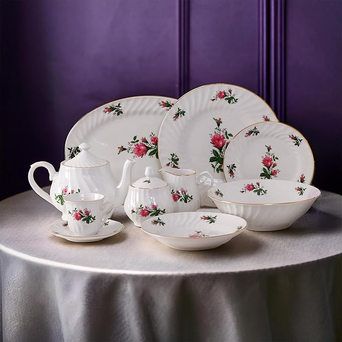 Lynns Porcelain Vintage Teapot with Embossed Swirls 37oz Tea Pot Classic White Tea Set for Parties & Celebrations Ideal Teapot for Tea Cups & Saucers Perfect for Tea Parties - Vintage Rose