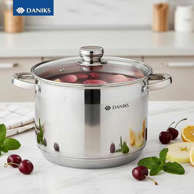 Daniks Standard 10 Quart Stainless Steel Stock Pot with Glass Lid, Tri-Ply Bottom for Even Heating, Induction Compatible, Dishwasher Safe, Built-In Measuring Scale, Silver