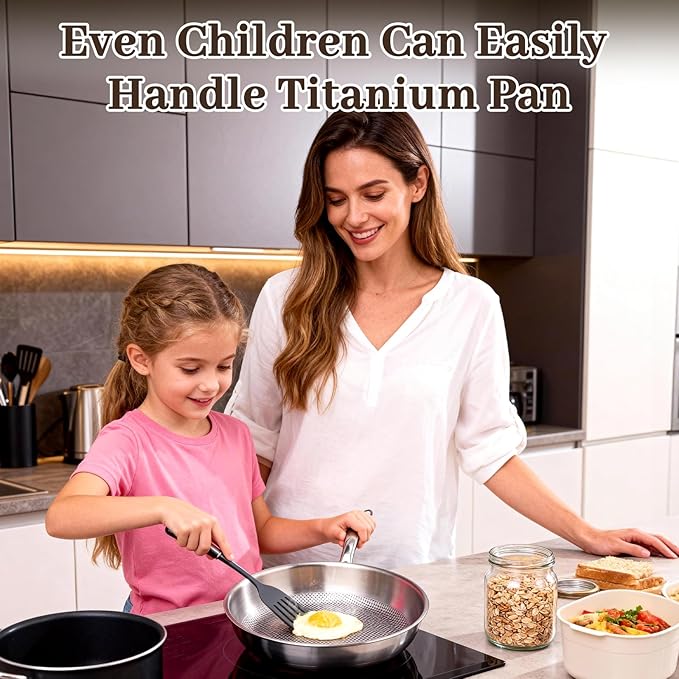 9.45 Inch Titanium Pan,99.6% Titanium Frying Pan for Cooking Healthy Non-Toxic Cookware with Lid Plateful Pan for Even Heating, Induction Compatible, Oven & Broiler Safe