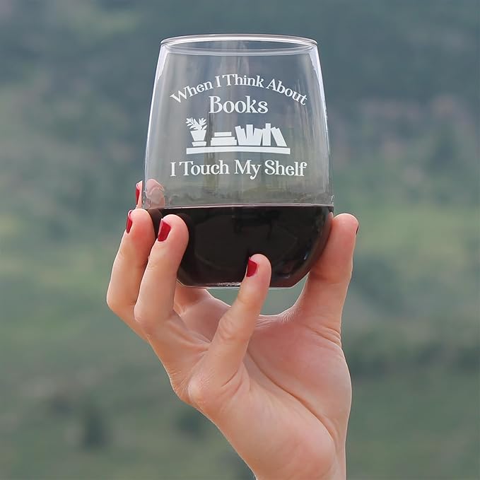 Bevvee When I Think About Books I Touch My Shelf - Stemless Wine Glasses - Set of 2 - Funny Gifts for Book Club Lovers and Readers - Large 17 Ounce