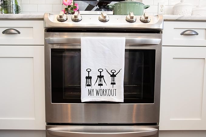 Handmade Funny Kitchen Towel - 100% Cotton Funny Hand Bar Towels for Wine Lovers, Corkscrew Workout - 28x28 Inch Perfect for Hostess Housewarming Christmas Mother’s Day Birthday Gift (My Workout)