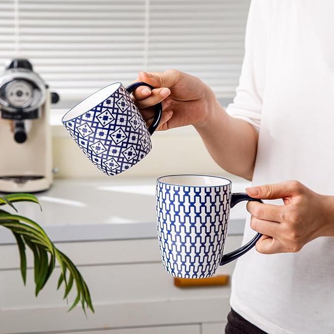 Ceramic Coffee Mugs Set - 10 OZ Large Porcelain Tea Cups with Handle for Cappuccino Latte Cocoa Milk Tea - Christmas Housewarming Gift - Microwave Dishwasher Safe - Set of 6 - Vintage Blue