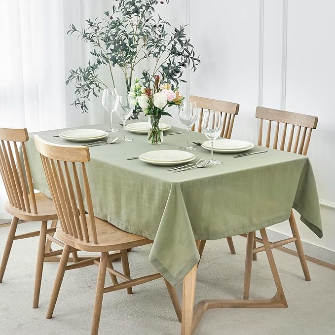 maxmill Lux Faux Linen Table Cloth with Slubby Texture Wrinkle Resistant Anti-Shrink Tablecloth for Kitchen Dining Tabletop for Banquet Parties Event Dinner Rectangle 52 x 70 Inch Sage Green