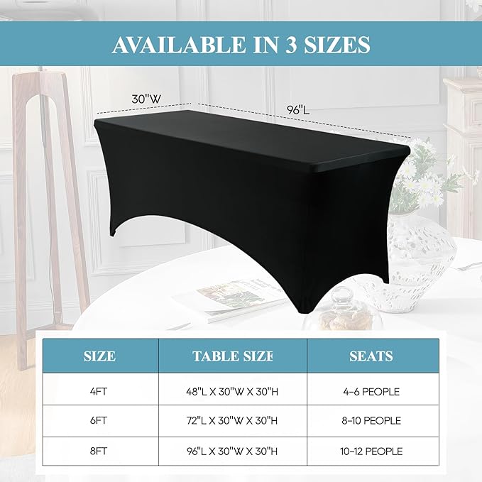 VidaFete Spandex Tablecloth 6 Pack 8FT, Fitted Stretch Table Cover for Rectangle Tables, Wrinkle Resistant and Washable Tablecloths for Outdoor, Picnic, Party, Wedding, Banquet, Birthday, Black