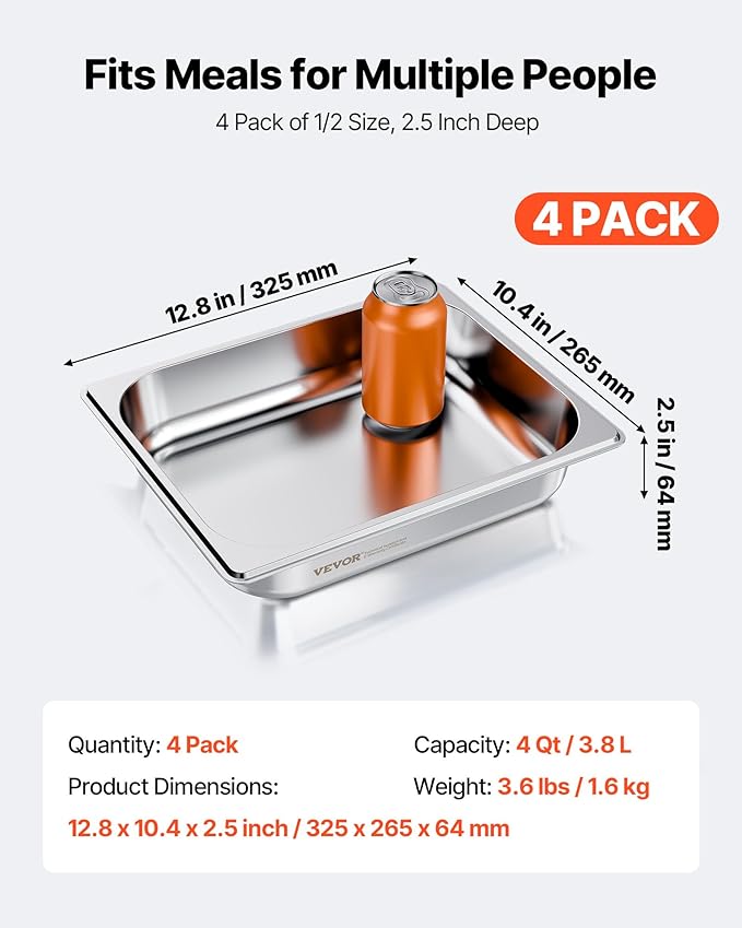 VEVOR 4 Pack Stainless Steam Hotel Pan, 1/2 Size Table Steam Pan, 2.5 Inch Deep Anti Jam Restaurant Supplies Reusable Rustproof Catering Storage for Home, Party, Restaurant, Hotel, Buffet