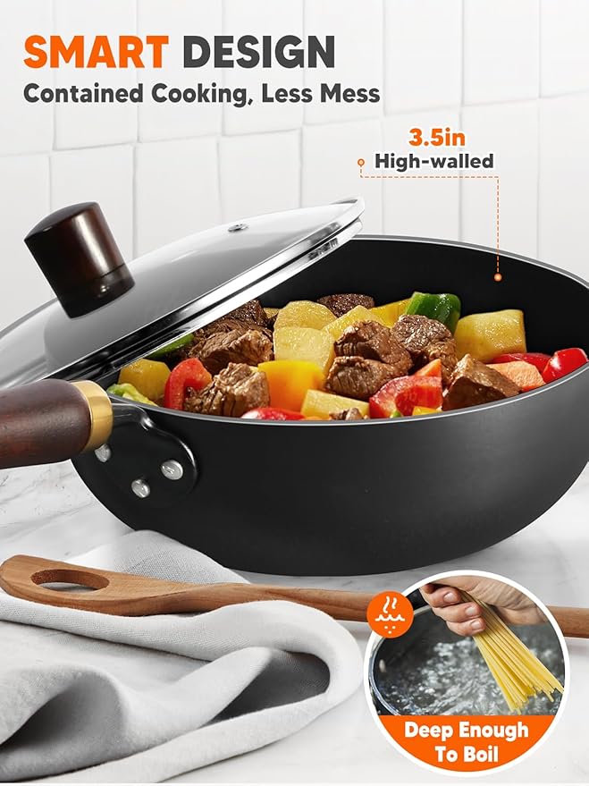 Carbon Steel Wok, 9.5" Bi-Thickness Authentic Chinese Woks & Stir-Fry Pans, Saute Pan with Lid, Deep Fry Pan Flat Bottom Small Wok for 1-2 Servings