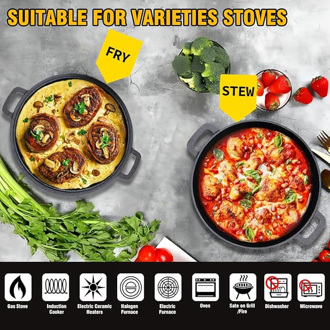 2-in-1 Cast Iron Double Dutch Oven, 5.5 Quart Pre-Seasoned and Dual Handles Skillet Pot Set for Bread Baking, Camping, Frying - Oven, Grill, Campfire and Stovetop Safe, Black