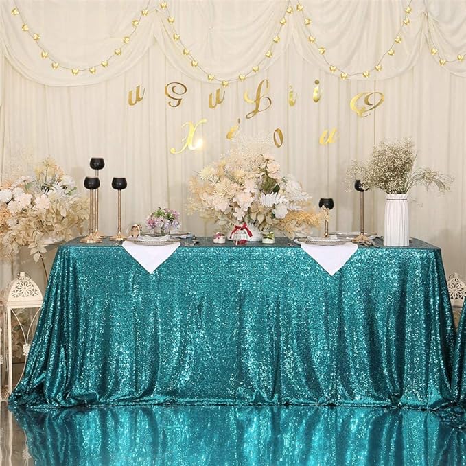 Eternal Beauty Teal Tablecloth, 60x120 Inch Sequin Rectangle Table Cover for Cake Dessert Exhibition Party Birthday Events