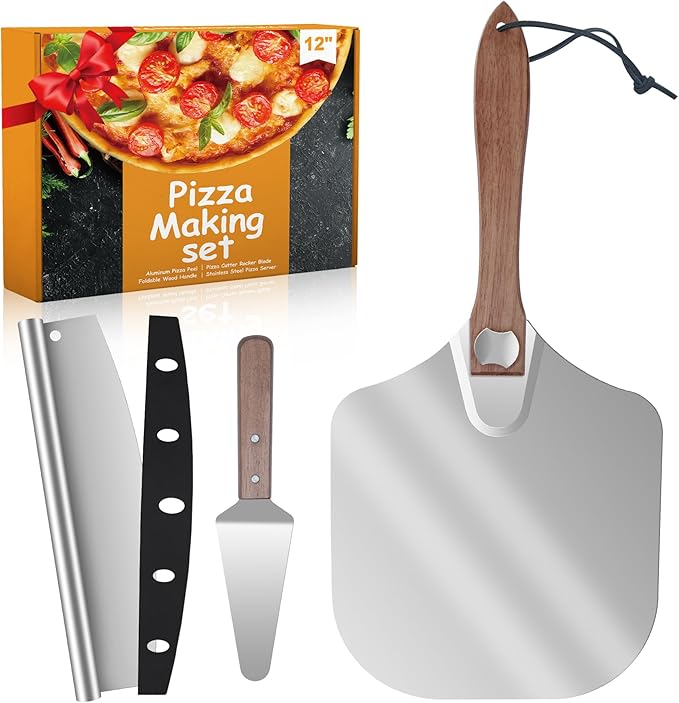 Aluminum Pizza Peel 12x14" With Foldable Wooden Handle - Metal Paddle, Rocker Cutter, and Server for Pizza Oven (Gift-Ready)