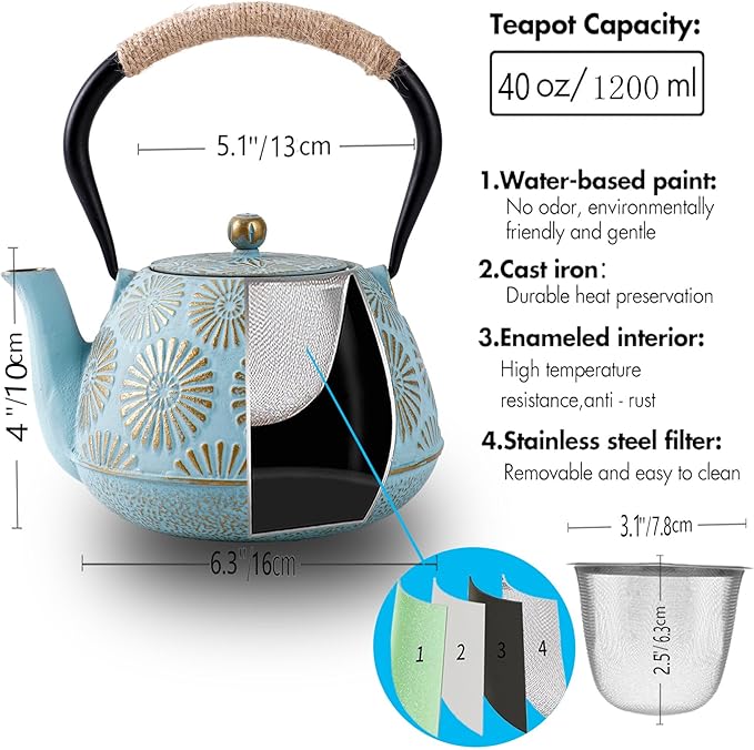 Japanese Tetsubin Cast Iron Teapot, 40oz (1200ml) Enamel-Coated Stovetop Kettle with Stainless Steel Infuser & Heat-Resistant Handle, Traditional Iron Pot for Tea Ceremony (blue and gold)