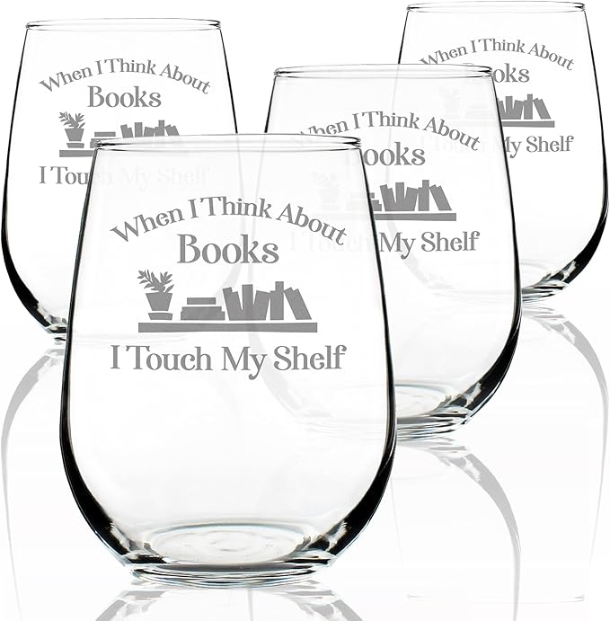 Bevvee When I Think About Books I Touch My Shelf - Stemless Wine Glasses - Set of 4 - Funny Gifts for Book Club Lovers and Readers - Large 17 Ounce