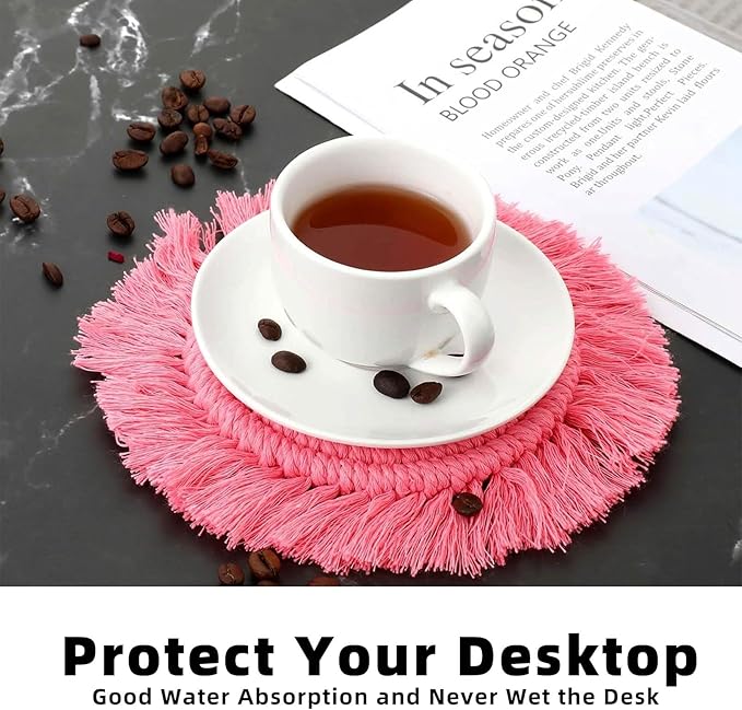2 PCS Macrame Coasters Handmade Boho Coasters,Woven Absorbent Drink Coaster,Heat Resistant Cotton Coaster for Coffee Table,Desk Kitchen Dining Room Kitchen, Home Decoration (Dark Pink)