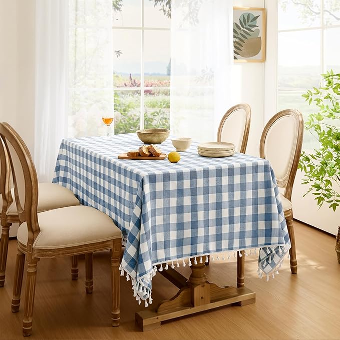 Softalker Checkered Tablecloth Rectangle, Outdoor Linen Cotton Gingham Table Cloth with Tassel, Heavy Duty Wrinkle Free Buffalo Plaid Table Cover for Kitchen Dining Home Party - 55 x 102 Inch, Blue