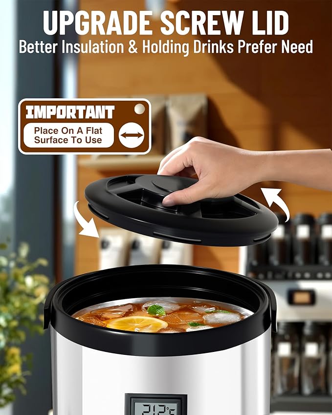 Insulated Beverage Dispenser - 8L/2.1Gal Silver Stainless Steel, Single, LCD Thermometer, Triple-Layer Insulated, Non-Electric Hot & Cold Drink Dispenser for Coffee, Tea