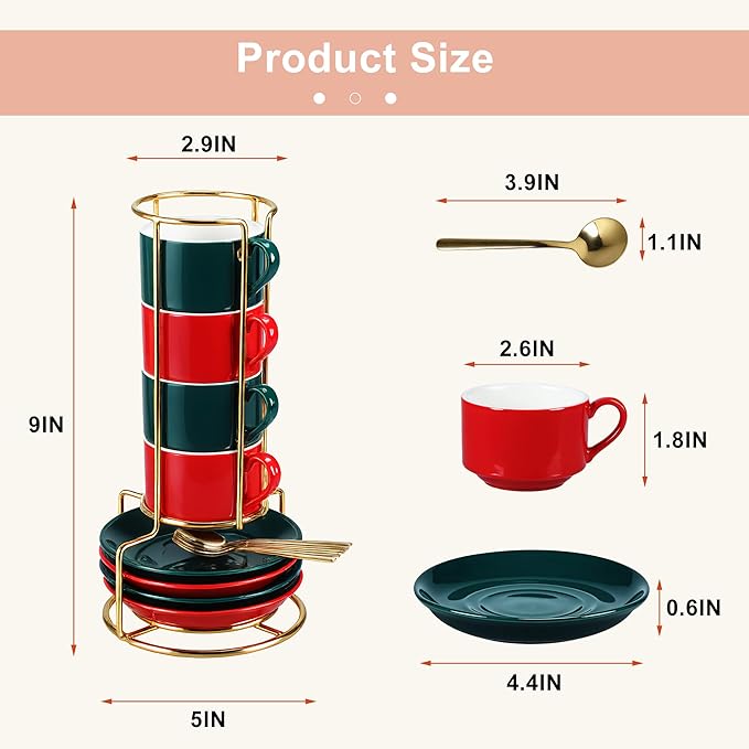 3 Ounce Espresso Cups Set of 4, Stackable Demitasse Mugs, Includes Display Stand, Cups Saucers & Spoons, for Machines & Home Use, Red Green Gold Tone