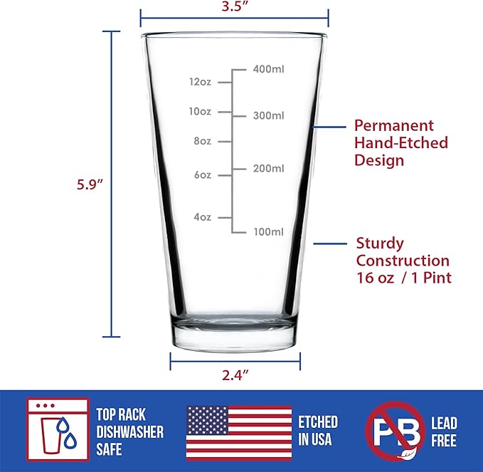 Custom Mixing Glass Measuring Cup - Pint Glass for Bar - Engraved Measurement Lines for Cocktails & Portion Control - Ounces and Metric - 16 oz