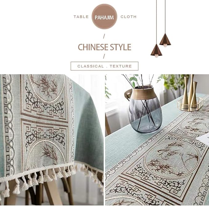 Pahajim Linen Tablecloth Rustic Rectangle Table Cloth Cotton Striped Tassels Tablecloths for Kitchen Dining Table Cover Square,55''x55'', 4 Seats