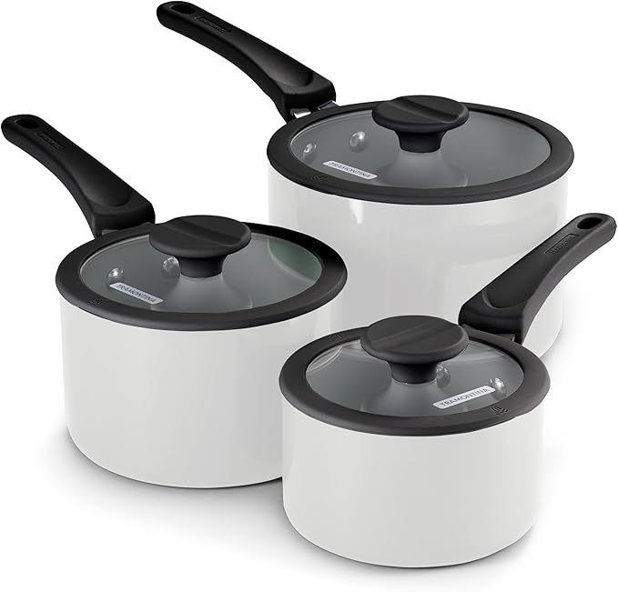 Tramontina Ceramic Non Stick 6-Piece Nesting Sauce Pan Set with Lids - Stackable Nonstick Cookware Set, Dishwasher and Oven Safe, White