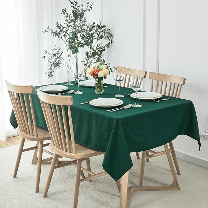 maxmill Christmas Tablecloth Stain Resistant Waterproof Wrinkle Resistant Spillproof Washable Weaved Texture Table Cloth for Dining Room, Holiday Dinner, Rectangle 60 x 140 Inch, Hunter Green
