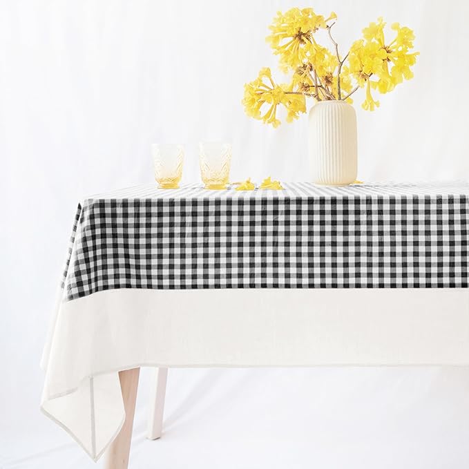 MONDAY MOOSE Gingham Checkered Farmhouse Rustic Picnic Style Decoration Rectangle Natural Stonewashed Cotton Tablecloth for Kitchen, Dining Room, Restaurant (55x70 inch, Black/White)