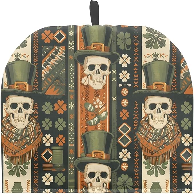 Green Top Hat Tea Pot Cozy for Keeping Warm Dust Proof Human Skeleton Tea Cup Warmer Cozy Kitchen Accessory Shamrock Teapot Insulation Cover for St. Patrick's Day