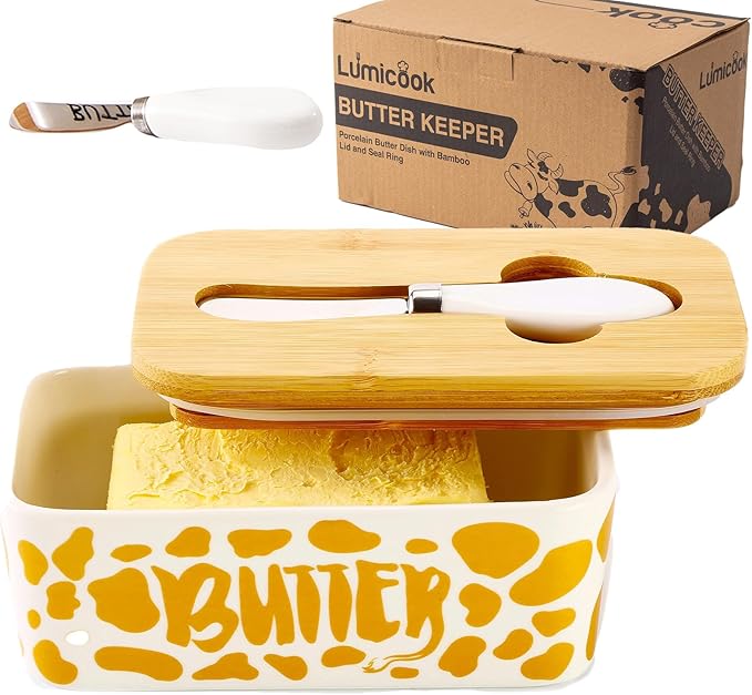 Cow Butter Holders, Cceramic Butter Dish with Lid, Large Butter Dish with Lid for Countertop, Silicone Sealing, Good Kitchen Gift, White (Gold with Knif)