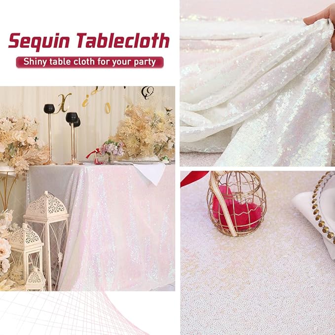 Eternal Beauty White Iridescent Tablecloth, 50x80 Inch Sequin Rectangle Table Cover for Cake Dessert Exhibition Party Birthday Events