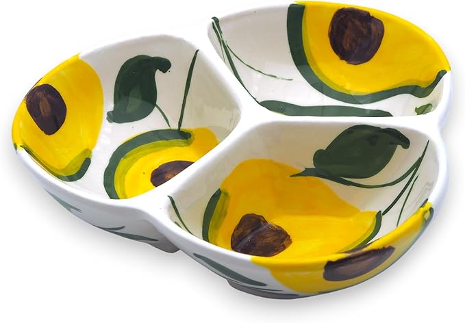 Ceramic Chip & Dip Bowl 7.5”, 3-Compartment Divided Serving Dish & Condiment Tray for Appetizers – Handmade in Spain, Lead-Free Glaze, Microwave, Oven & Dishwasher Safe