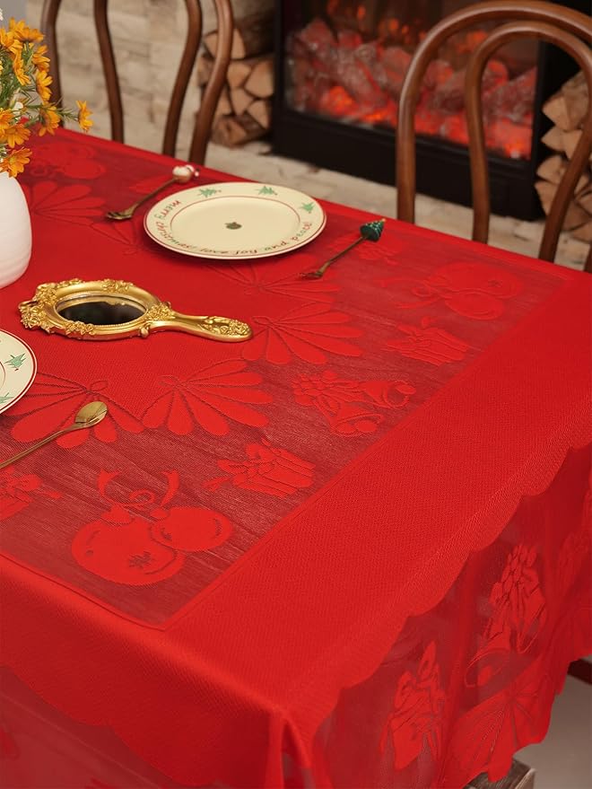 Jayla Christmas Red Lace Tablecloth, Vintage Red Lace Rectangular Tablecloth for Party Picnic Dinner Decor, 60 x 88 Inches