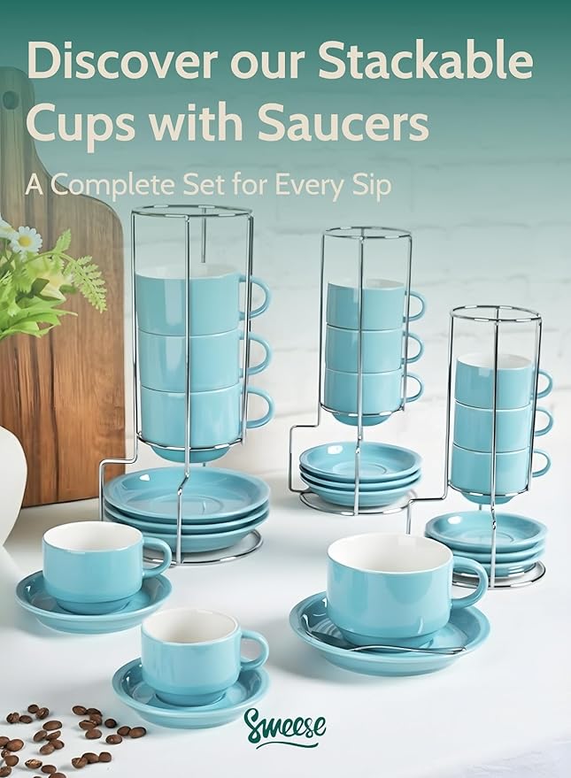Sweese 8 Ounce Porcelain Stackable Cappuccino Cups with Saucers and Metal Stand - for Specialty Coffee Drinks, Cappuccino, Latte, Americano and Tea - Set of 4, Turquoise