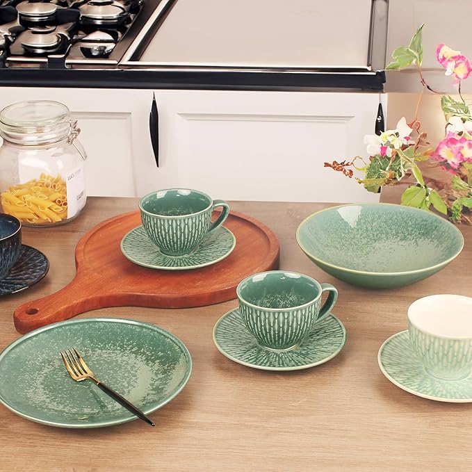 Coffee Mugs Set, 6.8 oz,Ceramic Tea Cup with saucer, Espresso Cups 8-piece, Stackable Cups, for Latte,Hot Tea,Cappuccino, Mocha, Cocoa, dishwasher & microwave safe, Dark green