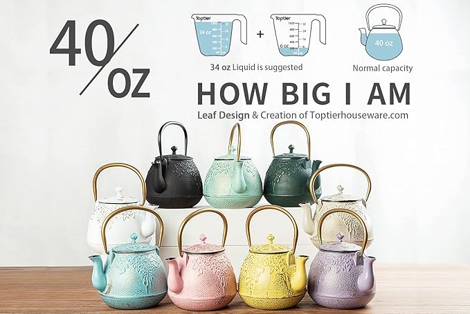 Tea Kettle, TOPTIER Japanese Cast Iron Tea Kettle with Infuser for Loose Leaf and Tea Bags, Stovetop Safe Cast Iron Teapot Coated with Enameled Interior for 40 oz (1200 ml), Turquoise Blue