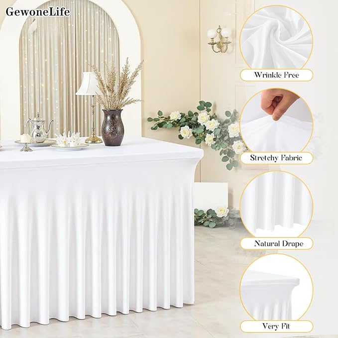 2 Pack White Rectangle Tablecloths, Washable Stretch Fitted Spandex Table Covers for 6FT Tables, Wrinkle-Free & Reusable Table Cloths,Ideal for Parties, Banquets, Wedding, Buffet,Events