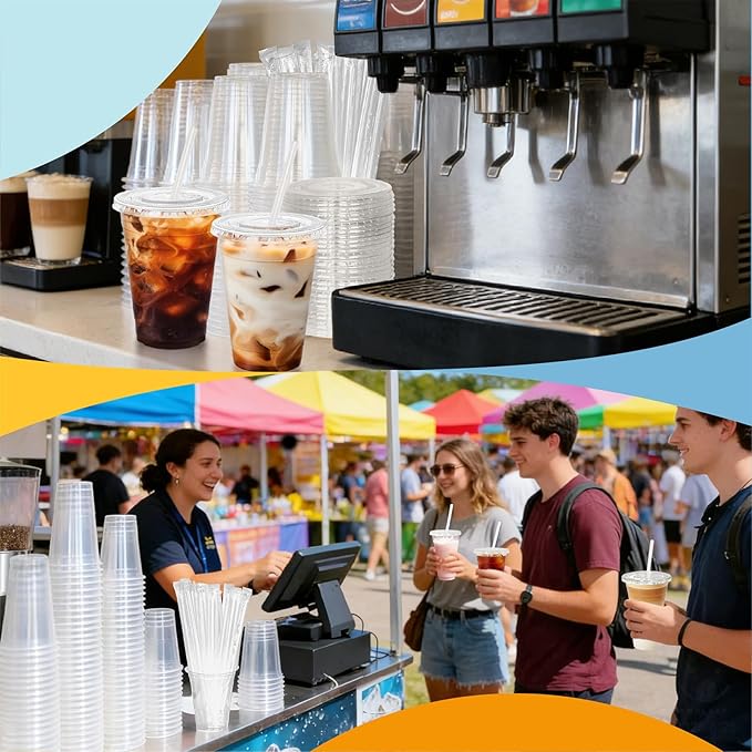 24 oz 100 Pack Disposable Clear Plastic Cups with Lids and Straws, Food Safe Bulk Iced Coffee Cups for Smoothies, Milkshakes and Other Cold Drinks