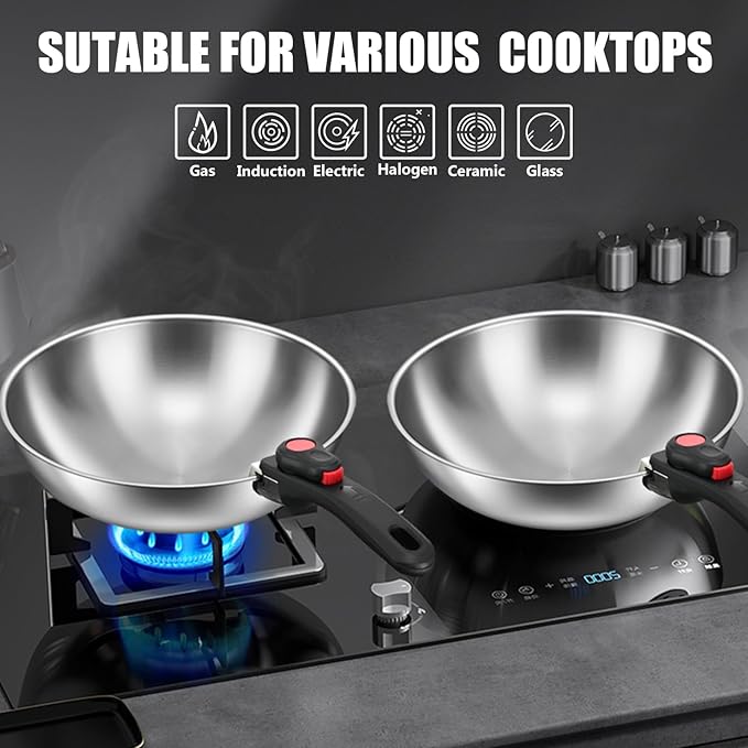 Stainless Steel Cookware Set, 6pcs Wok Pots and Pans Set Non Stick with Detachable Handle, Induction Cookware Set Kitchen Cooking Sets, RV/Camping Cookware, Dishwasher & Oven Safe,6pcs