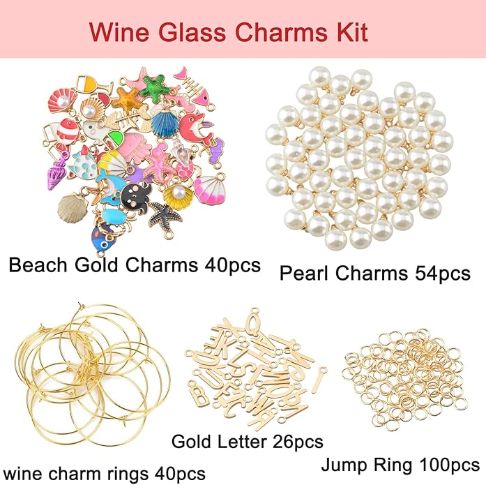 Wine Glass Charms Kit Wine Charms for Stem Glasses Identification Markers for Stem Glasses Tasting Party Favors & Holiday Decorations 300pcs Christmas Charm with Jingle Bell Pearls Letters