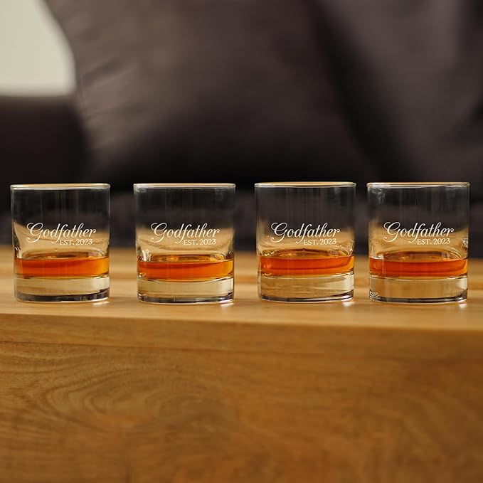 Bevvee Godfather Est 2023 - New Godfather Whiskey Rocks Glass Proposal Gift for First Time Godparents - Set of 4 - Decorative 10.25 Oz Glasses