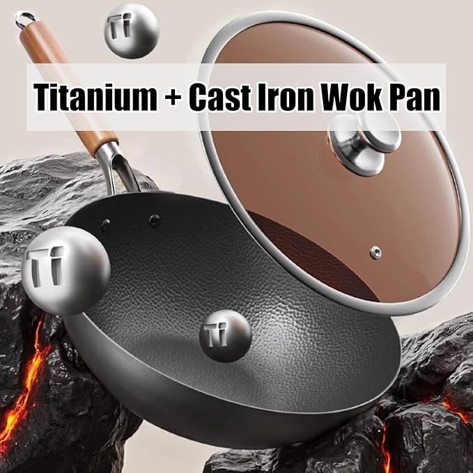 Titanium Hammered Wok with Lid, Pre-Seasoned Cast Iron Nonstick Stir-Fry Pan, Flat Bottom Wok, Scratch-Resistant Non Stick Titanium Pans for Cooking,11.81IN