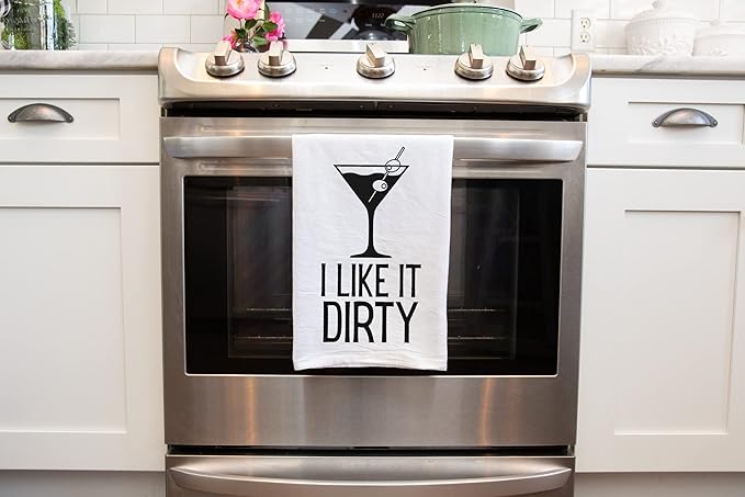 Handmade Funny Kitchen Towel, 100% Cotton Funny Dirty Martini Bar Towel for Kitchen, I Like It Dirty, Perfect for Hostess Housewarming Christmas Mother’s Day Birthday Gift (I Like It Dirty)